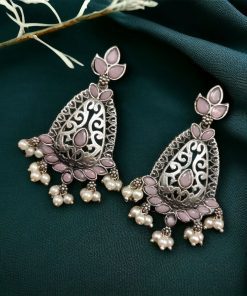 Elegant brass stone hanging stud earrings with intricate detailing, perfect for ethnic wear and festive occasions.