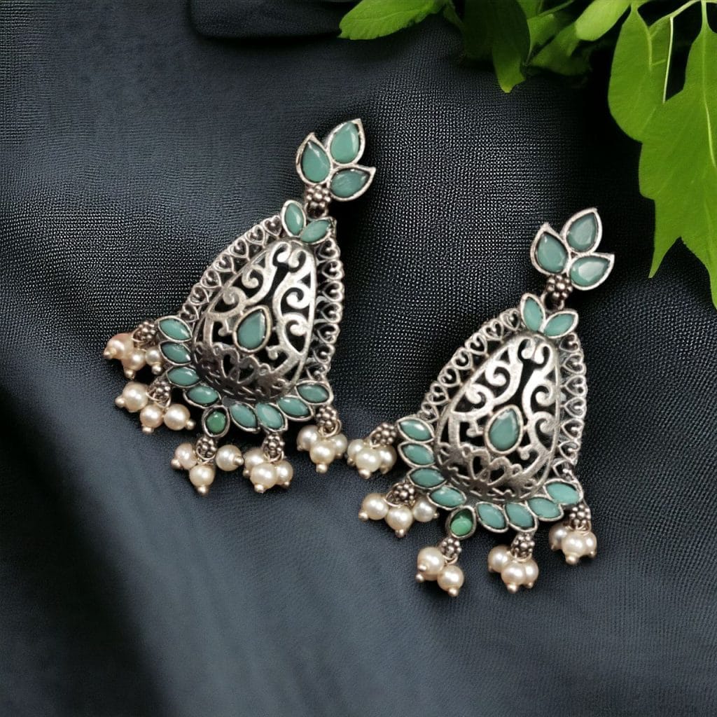 Bulk 1212 Elegant Brass Stone Hanging Stud Earrings – A Perfect Ethnic Accessory - "Mint"