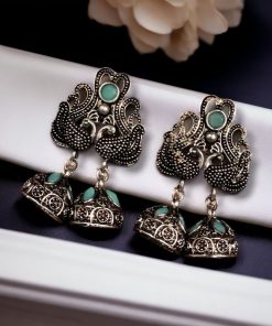 Beautiful German Silver Peacock Stud Earrings with intricate stone detailing and a traditional oxidized finish