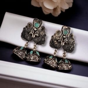 Beautiful German Silver Peacock Stud Earrings With Perfect Stone Detailing - color: "Mint"