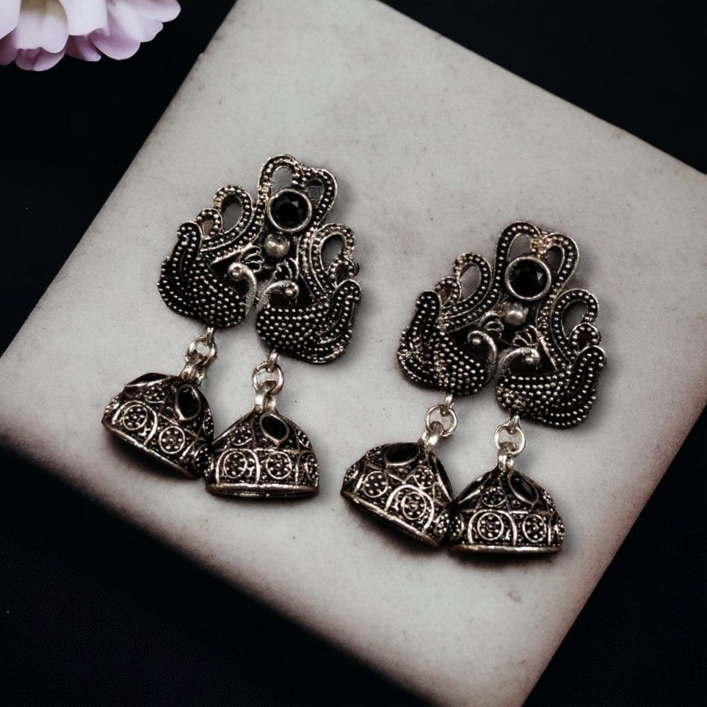 Bulk 1194 Beautiful German Silver Peacock Stud Earrings With Perfect Stone Detailing - "Black"