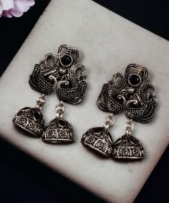 Beautiful German Silver Peacock Stud Earrings with intricate stone detailing and a traditional oxidized finish