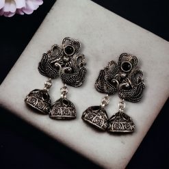 Beautiful German Silver Peacock Stud Earrings with intricate stone detailing and a traditional oxidized finish