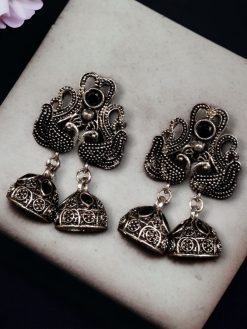 Beautiful German Silver Peacock Stud Earrings with intricate stone detailing and a traditional oxidized finish