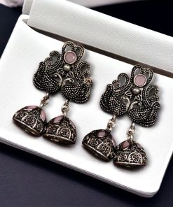 Beautiful German Silver Peacock Stud Earrings with intricate stone detailing and a traditional oxidized finish