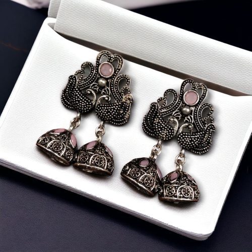 Beautiful German Silver Peacock Stud Earrings with intricate stone detailing and a traditional oxidized finish