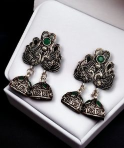 Beautiful German Silver Peacock Stud Earrings with intricate stone detailing and a traditional oxidized finish