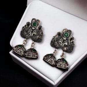 Beautiful German Silver Peacock Stud Earrings With Perfect Stone Detailing - color: "Green"