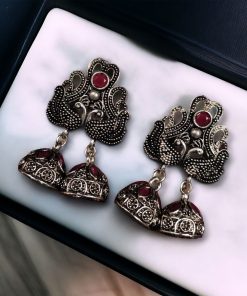 Beautiful German Silver Peacock Stud Earrings with intricate stone detailing and a traditional oxidized finish