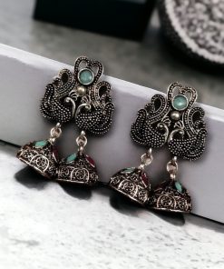 Beautiful German Silver Peacock Stud Earrings with intricate stone detailing and a traditional oxidized finish