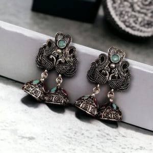 Beautiful German Silver Peacock Stud Earrings With Perfect Stone Detailing - color: "Mint-pink"