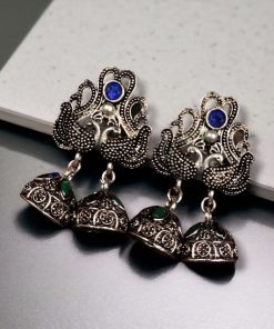 Beautiful German Silver Peacock Stud Earrings with intricate stone detailing and a traditional oxidized finish