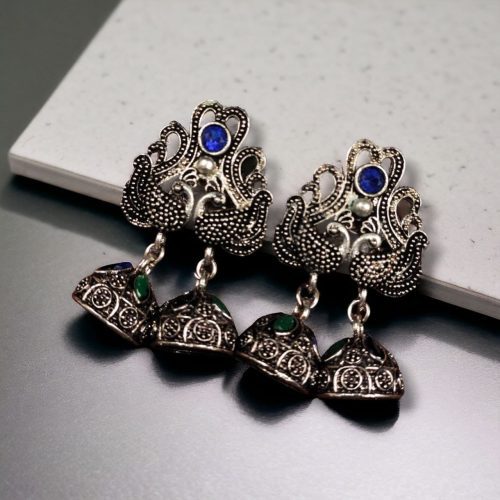 Beautiful German Silver Peacock Stud Earrings with intricate stone detailing and a traditional oxidized finish