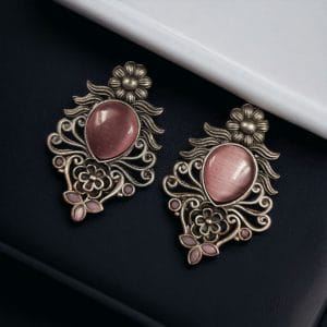 Beautiful Brass Monalisa Stone Stud Earrings – Perfect for Every Occasion - color: "Pink"