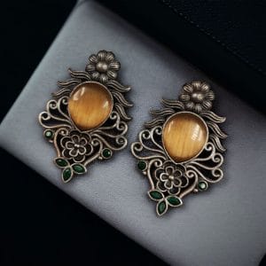 Beautiful Brass Monalisa Stone Stud Earrings – Perfect for Every Occasion - color: "Yellow"