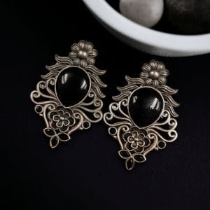 Beautiful Brass Monalisa Stone Stud Earrings – Perfect for Every Occasion - color: "Black"