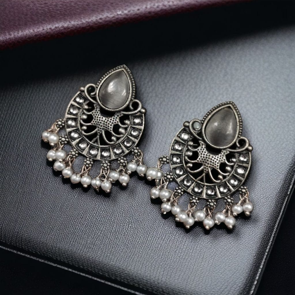 Bulk 1142 Elegant Brass Monalisa Stone Earrings – A Perfect Ethnic Look - "Grey"