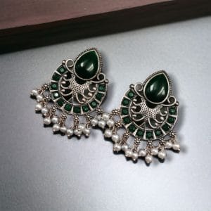 Elegant Brass Monalisa Stone Earrings – A Perfect Ethnic Look - color: "Green"