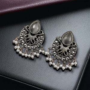 Elegant Brass Monalisa Stone Earrings – A Perfect Ethnic Look - color: "Grey"
