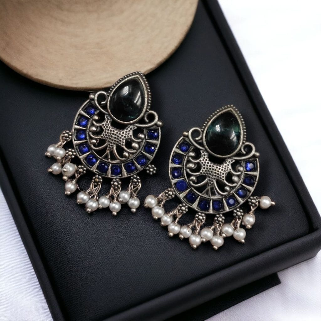 Bulk 1146 Elegant Brass Monalisa Stone Earrings – A Perfect Ethnic Look - "Blue"