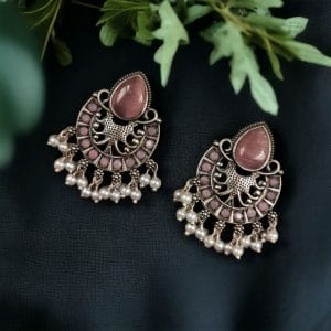 Elegant Brass Monalisa Stone Earrings – A Perfect Ethnic Look - color: "Babypink"