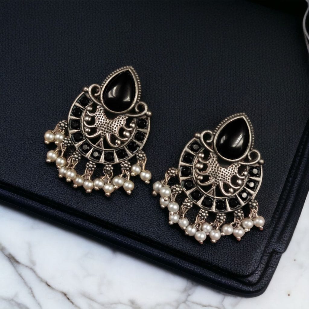 Bulk 1144 Elegant Brass Monalisa Stone Earrings – A Perfect Ethnic Look - "Black"