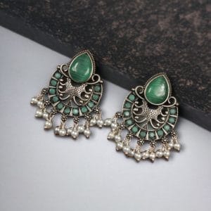 Elegant Brass Monalisa Stone Earrings – A Perfect Ethnic Look - color: "Mint"