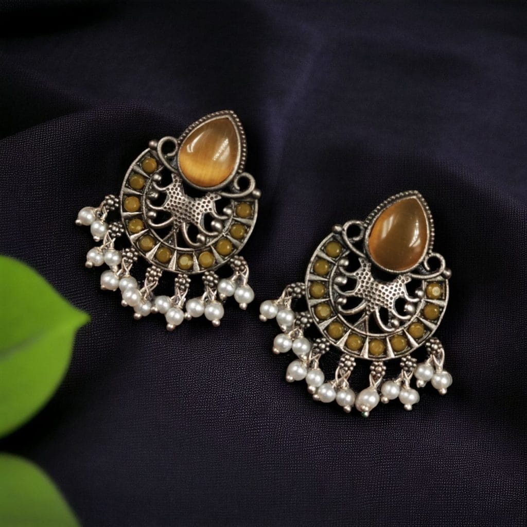 Bulk 1156 Elegant Brass Monalisa Stone Earrings – A Perfect Ethnic Look - "Yellow"
