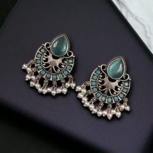 Elegant Brass Monalisa Stone Earrings – A Perfect Ethnic Look - color: "Aqua"