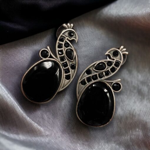 aipuri Oxidised Silver Replica Peacock Earrings with Monalisa Stone and Pearl Work, featuring intricate traditional craftsmanship