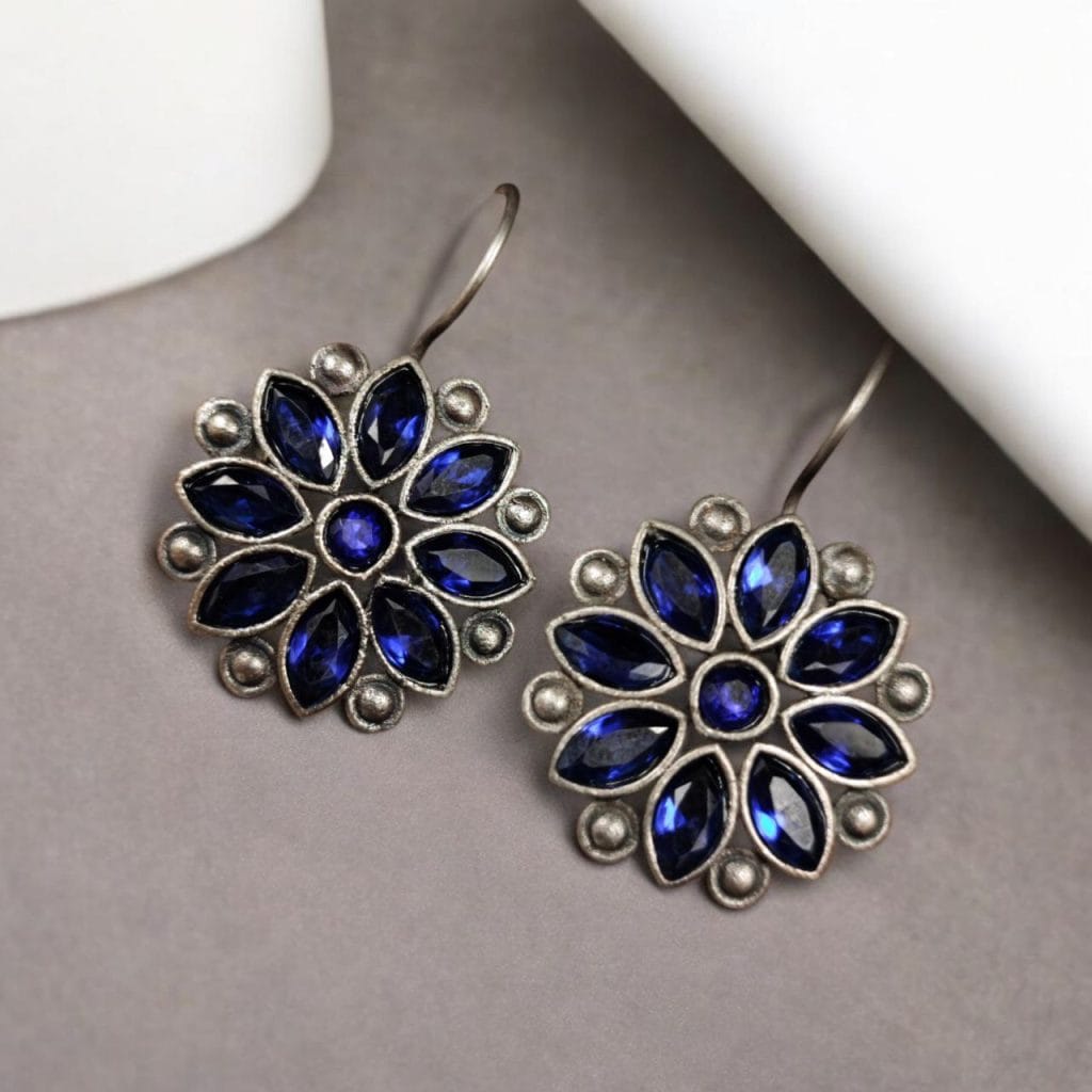 Ethnic Flower Hook Earrings in Silver Replica – Best Stylish Daily Wear Jewelry