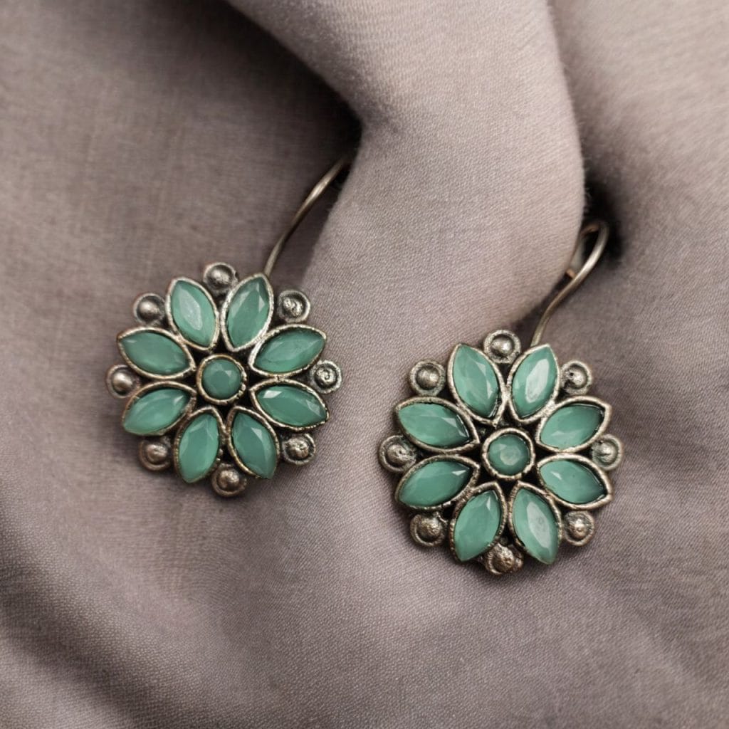 Bulk 1134 Ethnic Flower Hook Earrings in Silver Replica – Best Stylish Daily Wear Jewelry - "Mint"
