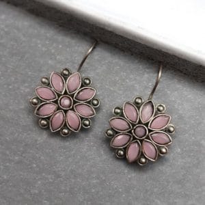 Ethnic Flower Hook Earrings in Silver Replica – Best Stylish Daily Wear Jewelry - Color: "Babypink"