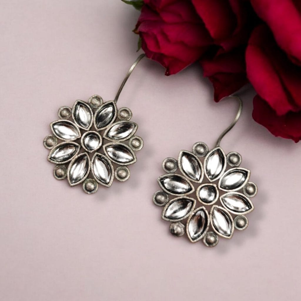 Bulk 1136 Ethnic Flower Hook Earrings in Silver Replica – Best Stylish Daily Wear Jewelry - "White"