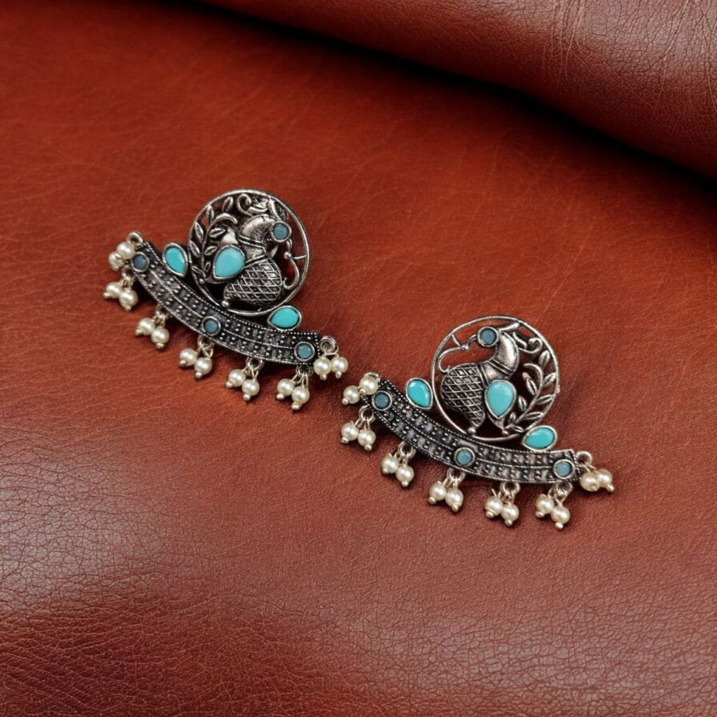 Bulk 1122 German Silver Oxidized Peacock Stud Earrings – Perfect for Ethnic Look - "Aqua"