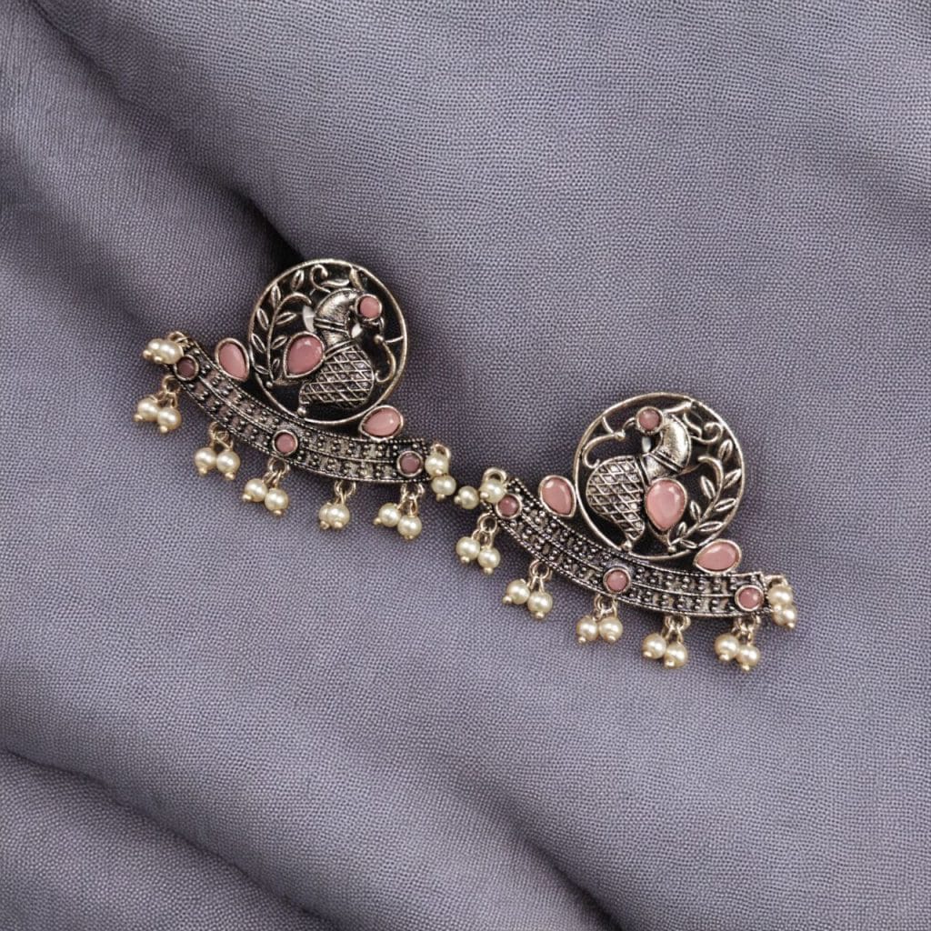 Bulk 1124 German Silver Oxidized Peacock Stud Earrings – Perfect for Ethnic Look - "Babypink"