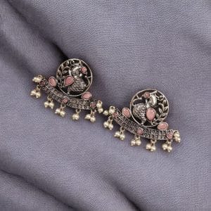 German Silver Oxidized Peacock Stud Earrings – Perfect for Ethnic Look - Color: "Babypink"