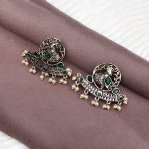 German Silver Oxidized Peacock Stud Earrings – Perfect for Ethnic Look - Color: "Green"