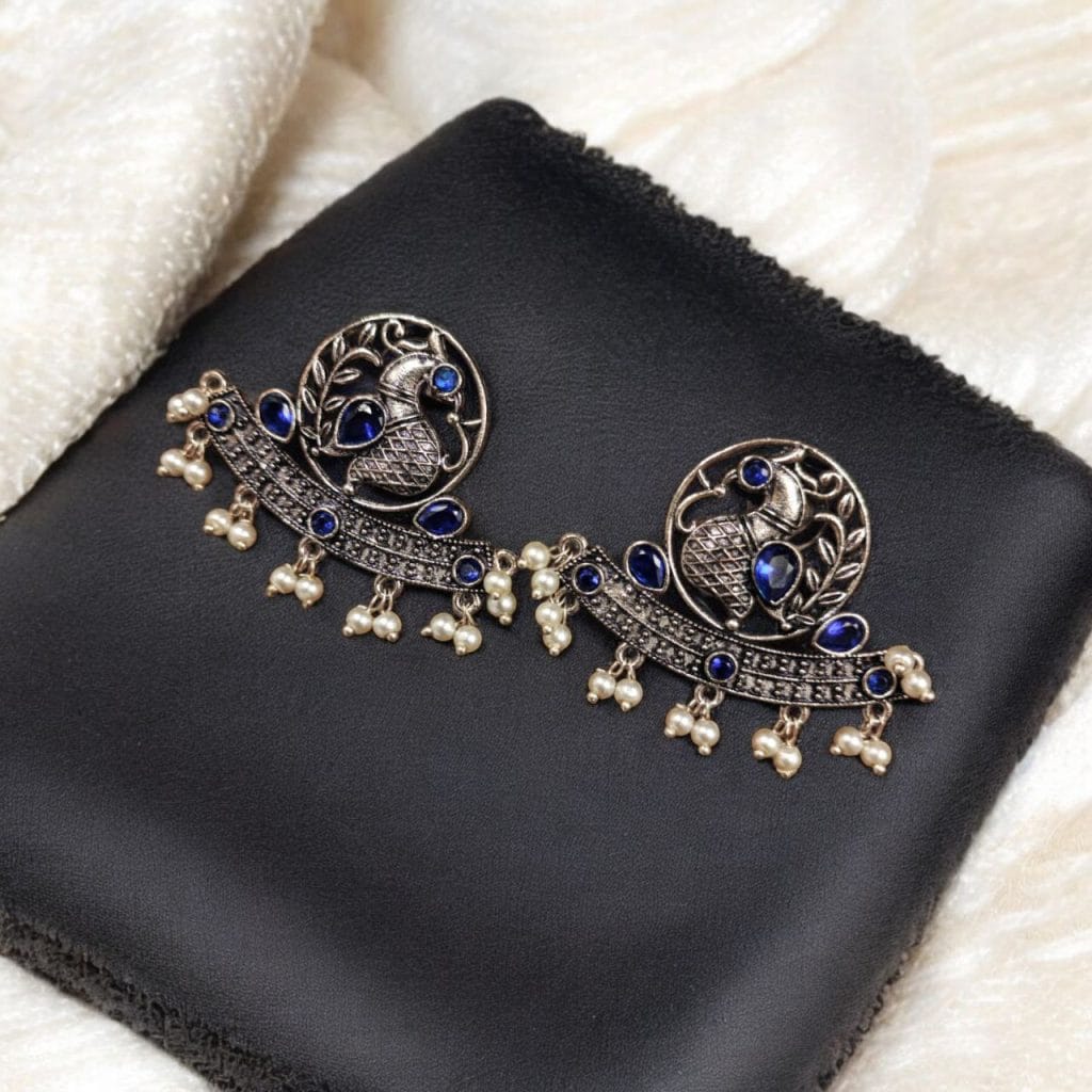 Bulk 1128 German Silver Oxidized Peacock Stud Earrings – Perfect for Ethnic Look - "Blue"