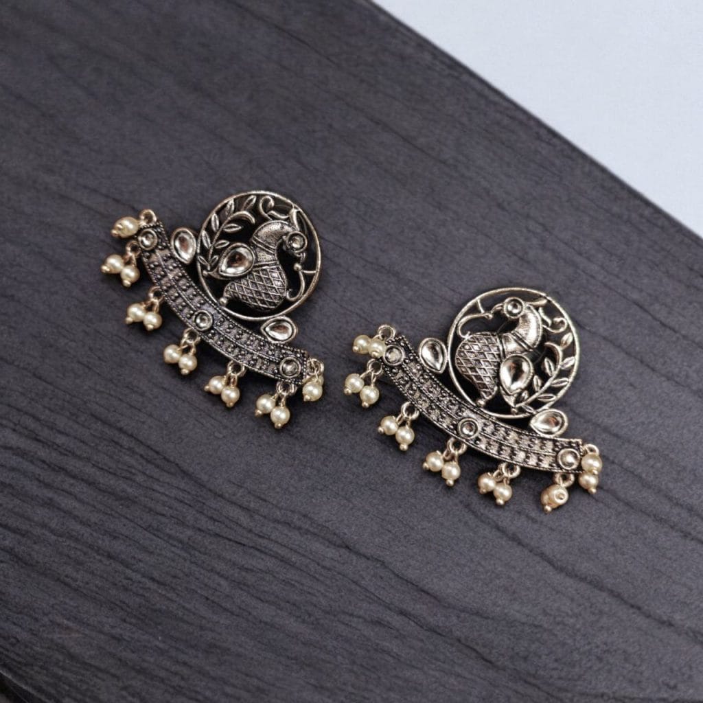 Bulk 1130 German Silver Oxidized Peacock Stud Earrings – Perfect for Ethnic Look - "White"