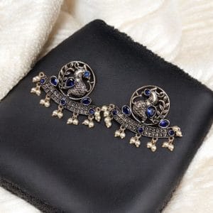 German Silver Oxidized Peacock Stud Earrings – Perfect for Ethnic Look - Color: "Blue"