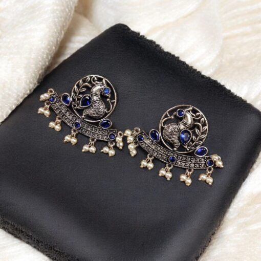 German Silver Oxidized Peacock Stud Earrings – Perfect for Ethnic Look