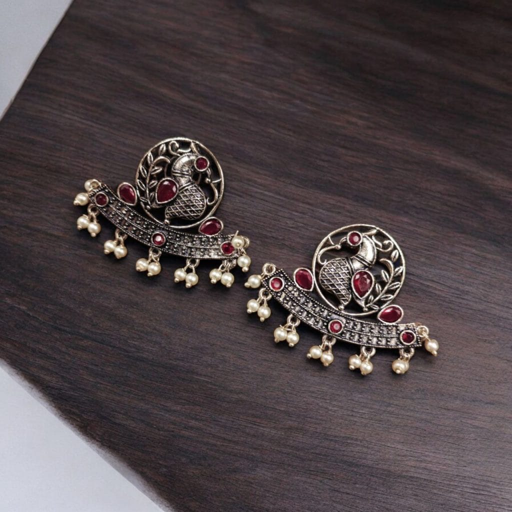 Bulk 1132 German Silver Oxidized Peacock Stud Earrings – Perfect for Ethnic Look - "Pink"