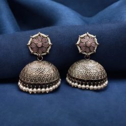 Handmade jhumka earrings with pearl and stone work, perfect for ethnic wear.