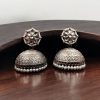Handmade jhumka earrings with pearl and stone work, perfect for ethnic wear.