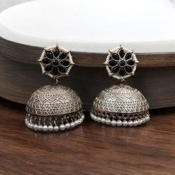 Handmade jhumka earrings with pearl and stone work, perfect for ethnic wear.