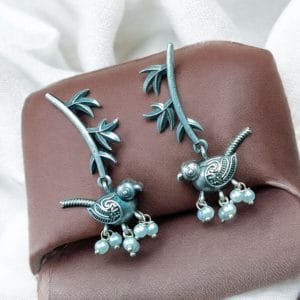 Oxidized Silver Look-Alike Bird Leaf Earrings – Unique Lightweight & Stylish