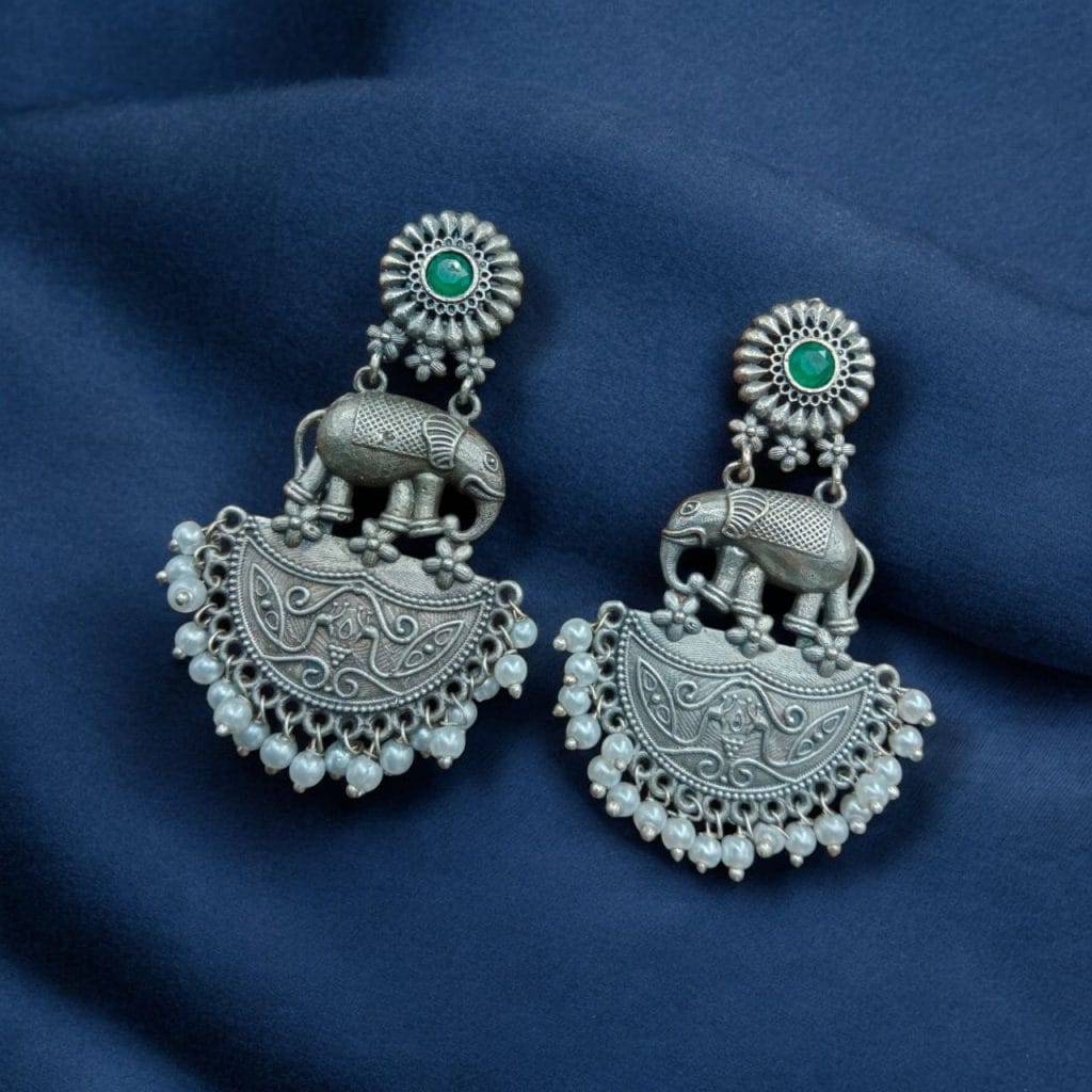 Bulk 446 Premium Designer Elephant Earrings | Affordable Silver Replica Jewelry For Girls - "Green"