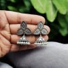 Stylish Silver Replica Jhumka Earrings with Oxidized Leaf Stud and Pearl Drops – Elegant Ethnic Jewelry.
