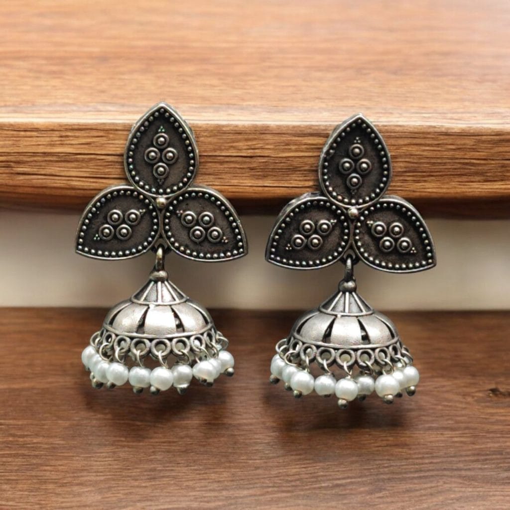 Bulk 1102 Stylish Silver Replica Jhumka with Adorable Oxidised Leaf Stud & Pearl Drops